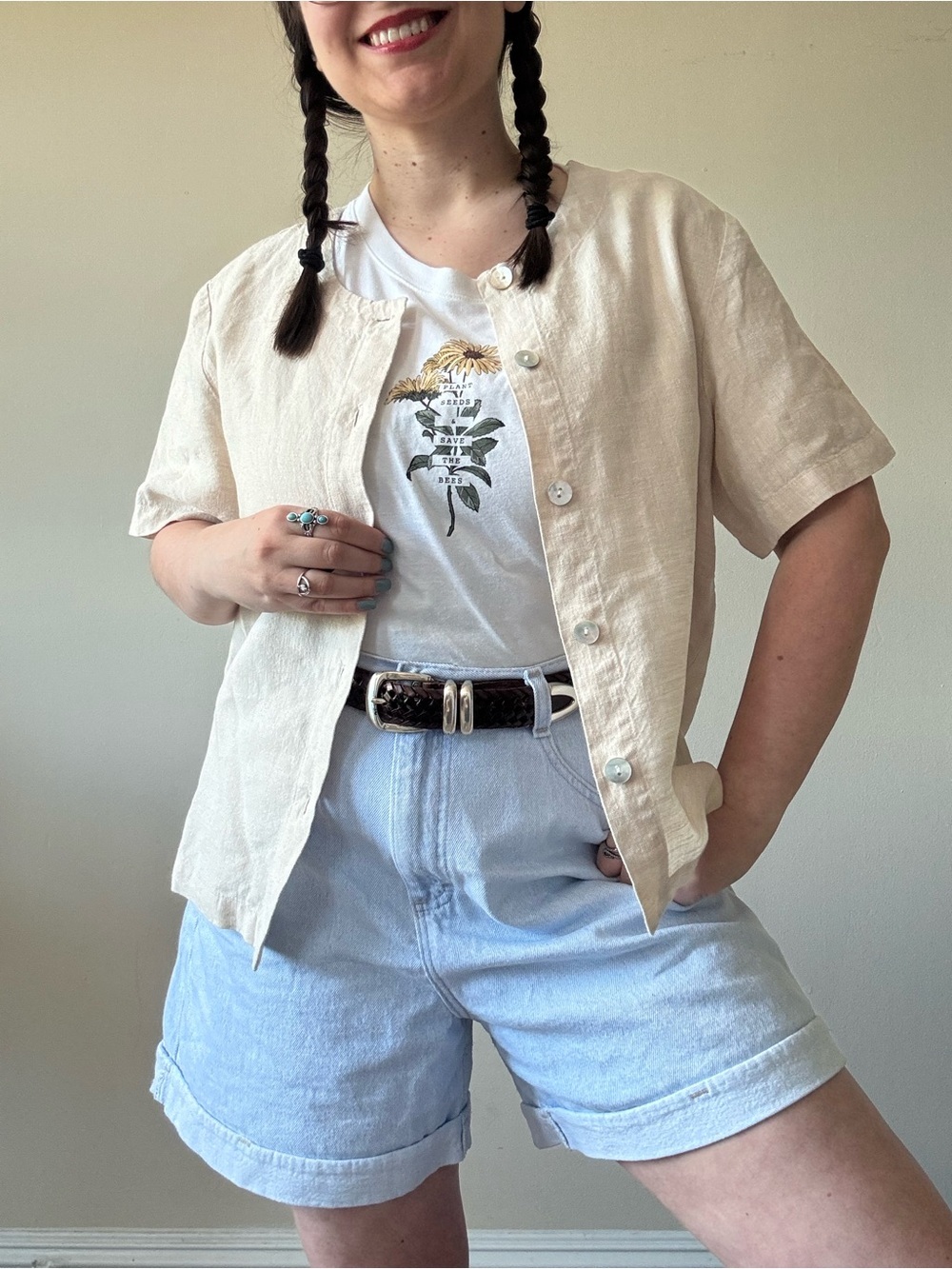 Orvis Beige Linen Button Front Top